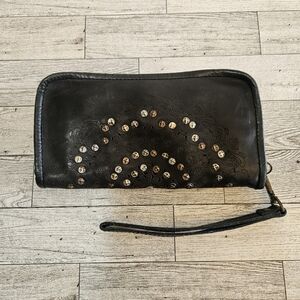 Platania Made In Italy Leather Wristlet Clutch Wallet Mandala Design Soft Black